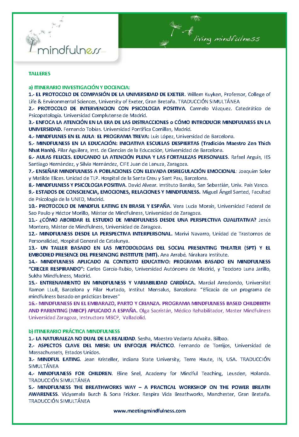 Programa Congreso Mindfulness 2016 taller de Dra Olga Sacristán